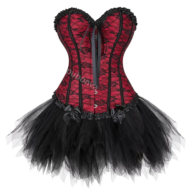 Green Corset Dress Tutu Skrits Set Overbust With Lace Costume Party Sexy Burlesque Ladies Basques Outfit Plus Size Gothic Red