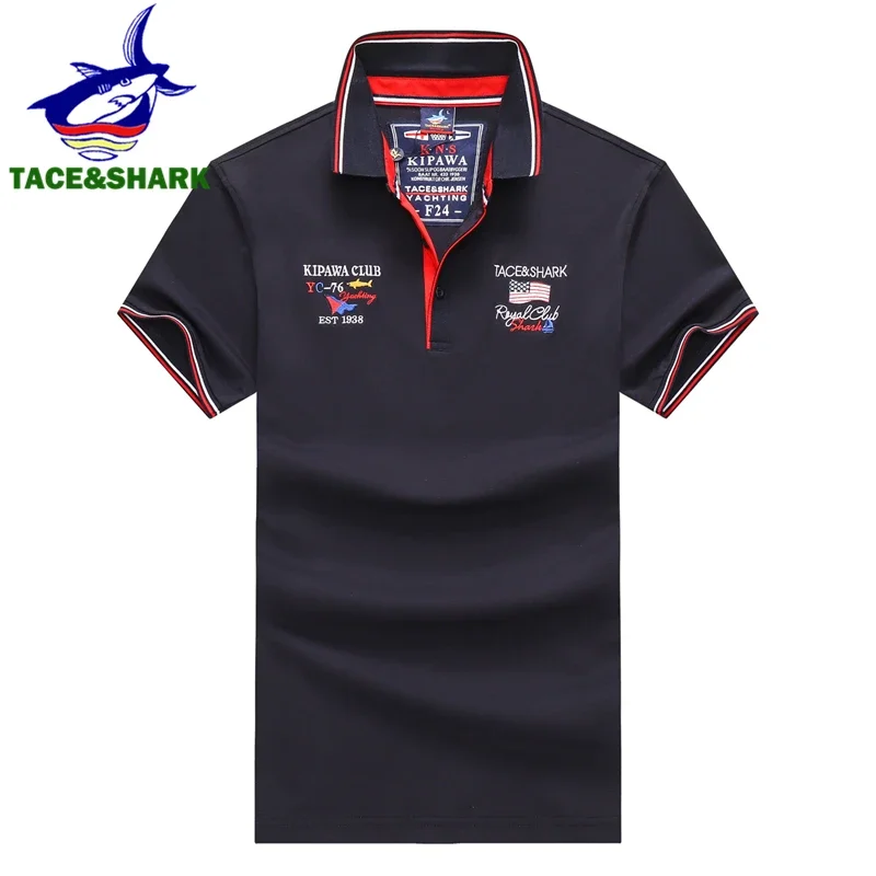 

TACE&SHARK Casual Shark Flag Embroidery Short Sleeve Polo Shirts Fashion White Dark Blue Camisa Polo Homme Men Clothing Plus