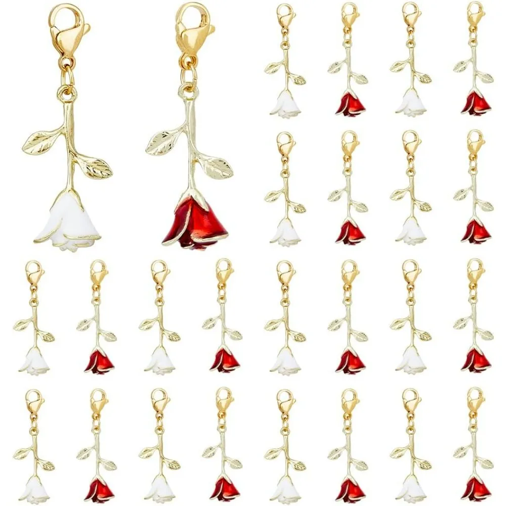 24Pcs 2 Colors Floral Rose Flowers Charms Enamel Valentine Flower  3D Rose Branch  Lobster Clasp Alloy Charmd