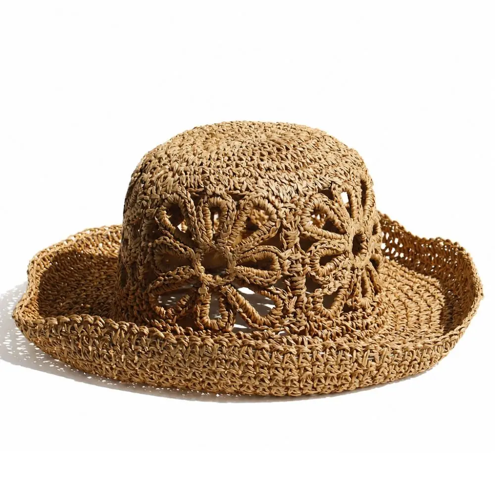 

Flower Handmade Hand-woven Straw Hat Simple Design Straw Material Flower Bucket Hat UV Protection Breathable Sun Hat Women