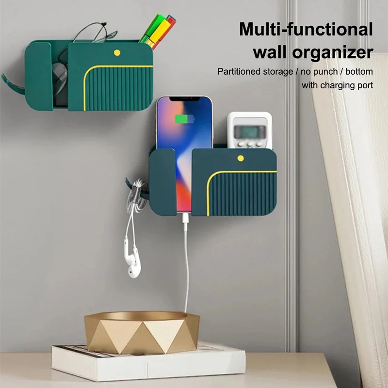 2 In 1 Wall-mounted Mobile Phone Remote Control Storage Box Multifunctional Punch-free Storage Rack Wall Debris Storage Holders