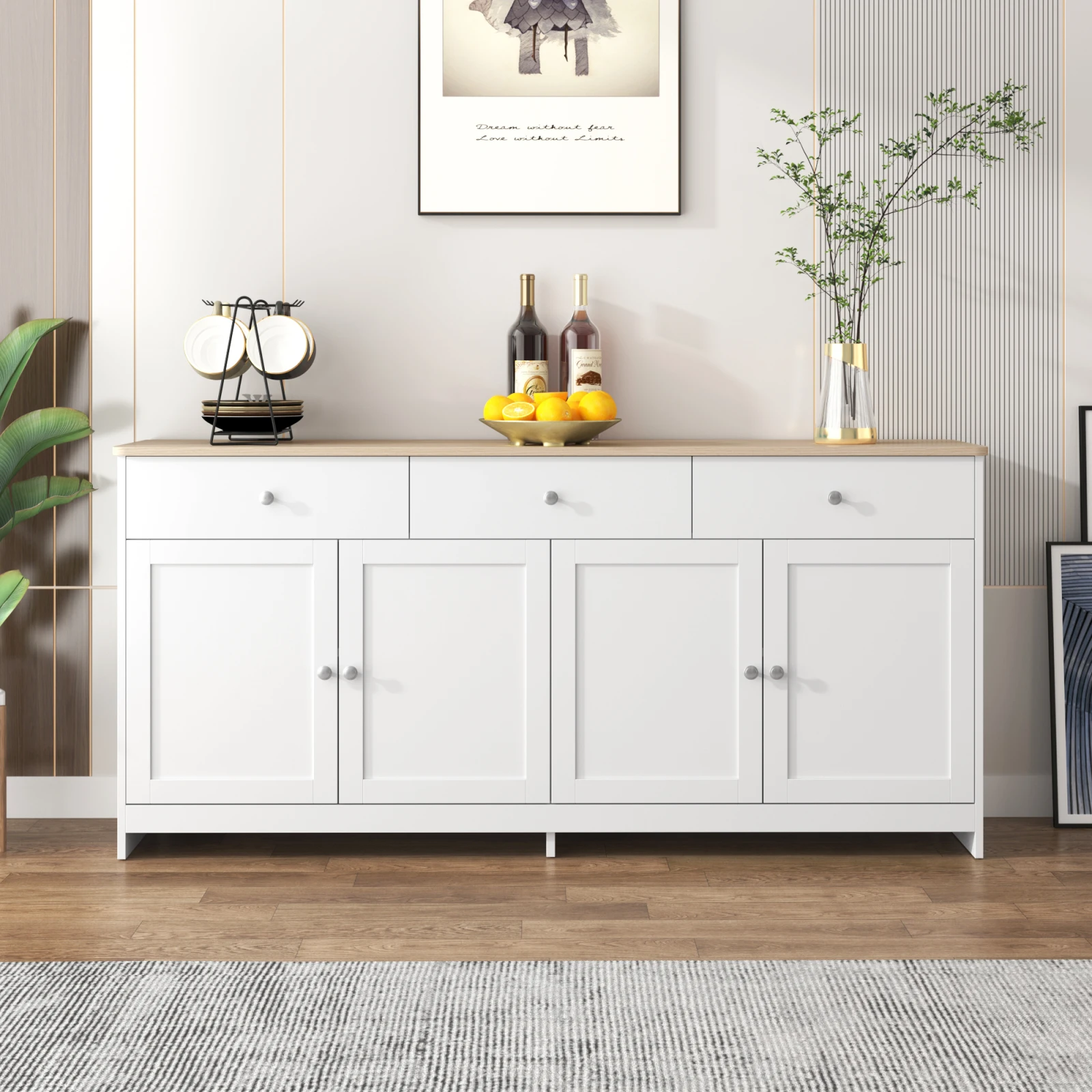 White Wood Grain Sideboard Four Doors with Three Drawers Living Room Dining Room. Wood Color and White