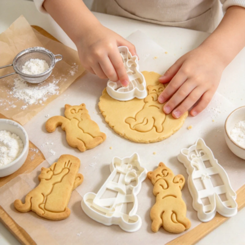 3Pcs Cat Cookie Cutter Set,Funny Cat Butt & Poses Cookie Stamp Molds,Baking Molds Cat Themed Party,Christmas Cake Fondant Decor