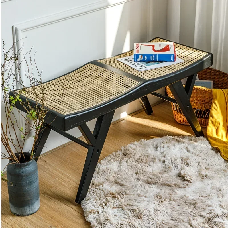 Hand-Woven Solid Wood Bed Stool, Rattan Dining Stool, Entrance Shoe Change Seat, Household Woven Chair for Doorside.