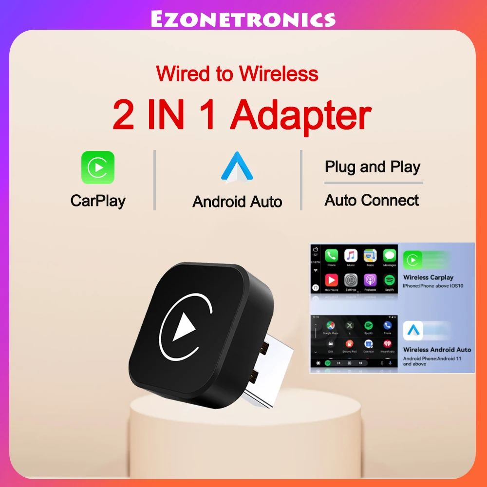 Adaptateur CarPlay Android Auto filaire vers sans fil, stéréo de voiture OEM avec USB Plug and Play, 2 en 1