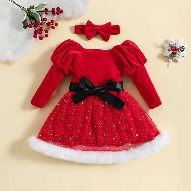 Christmas Children\'s Clothes 1-5Y Girls Long sleeve Dresses Stars Sequin Mesh Princess Dress with Bow Headband Festival Costume