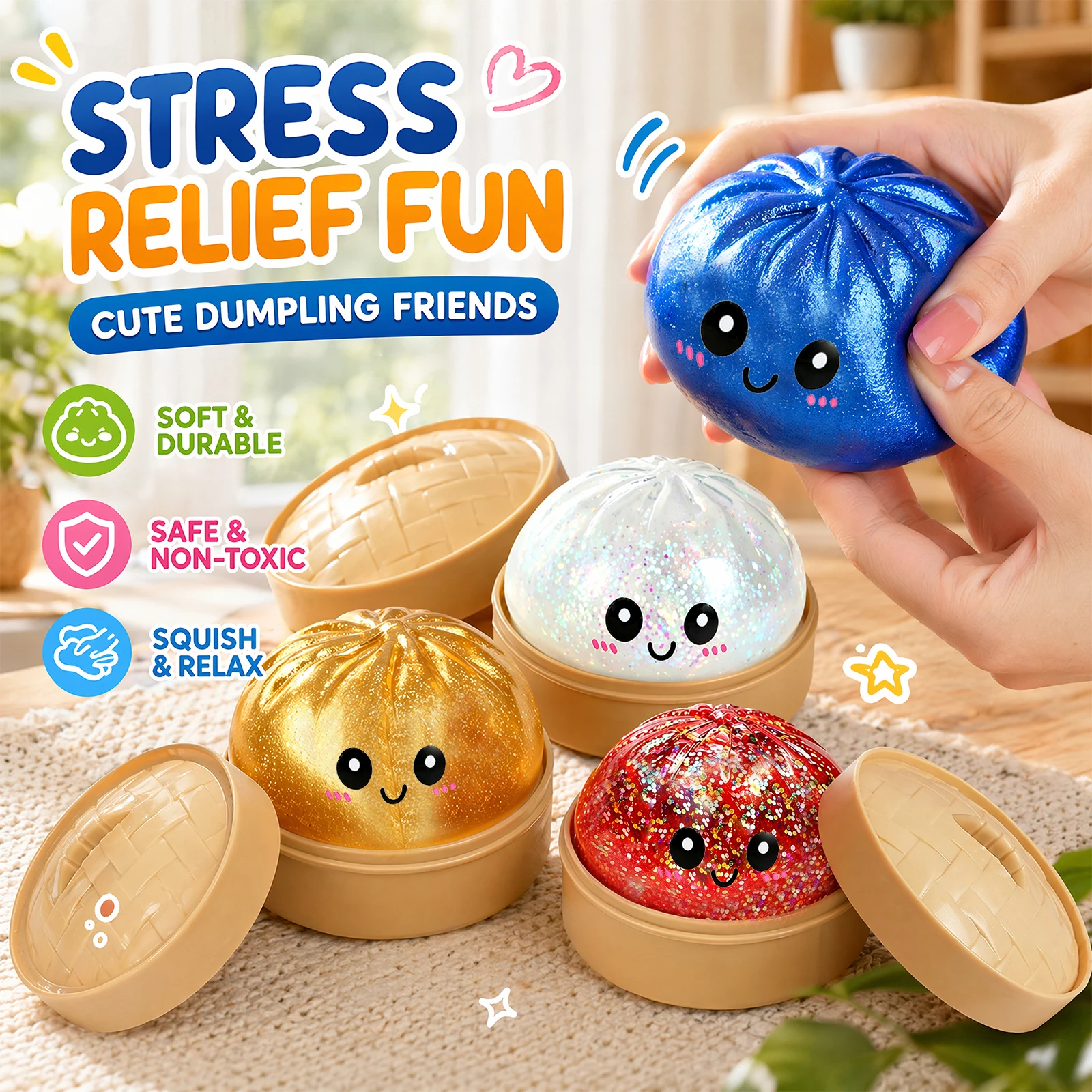 4PCS Dumpling Squishy Toys Cute Bao Bun Stress Relief Balls Slow Rising Squeeze Fidget Toys with Steamer Box Sensory Kids Adults