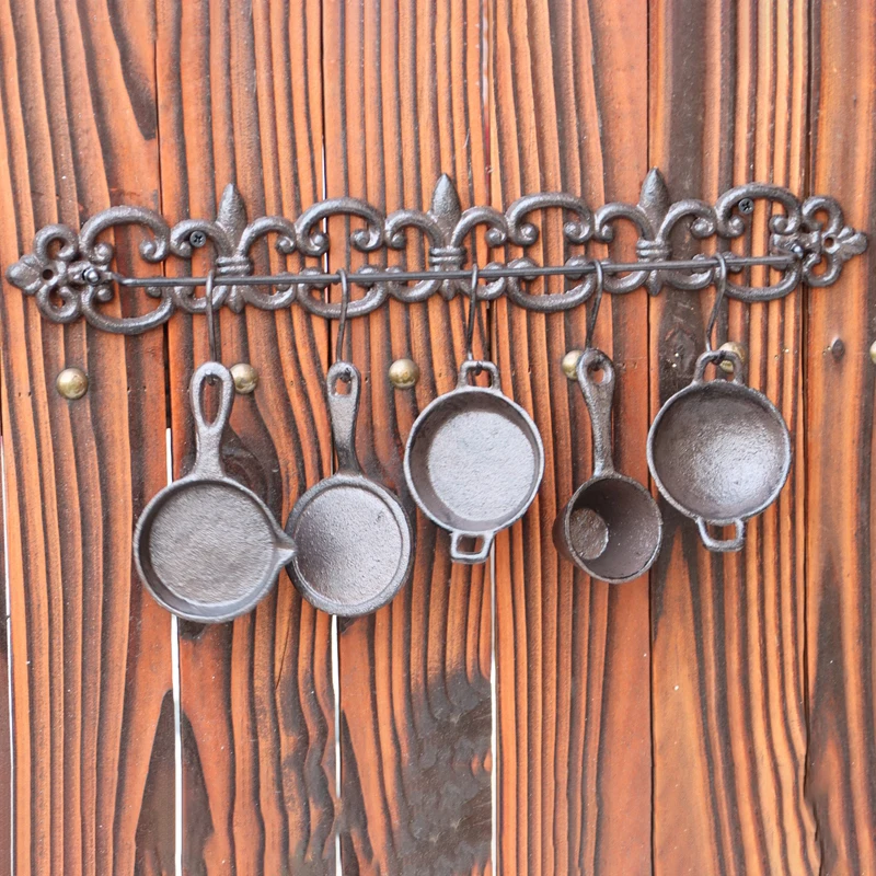 Antique Black Cast Iron Kitchen Cooking Set Of Six Decoration For Home Garden Coffee Bar Wall Countryside Style