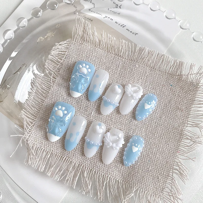 10PCS Blue White Paw Print Press on Nails Bow Heart and Pearl Wing Decor Almond Shaped Acrylic False Nails for Sweet Daily Wear