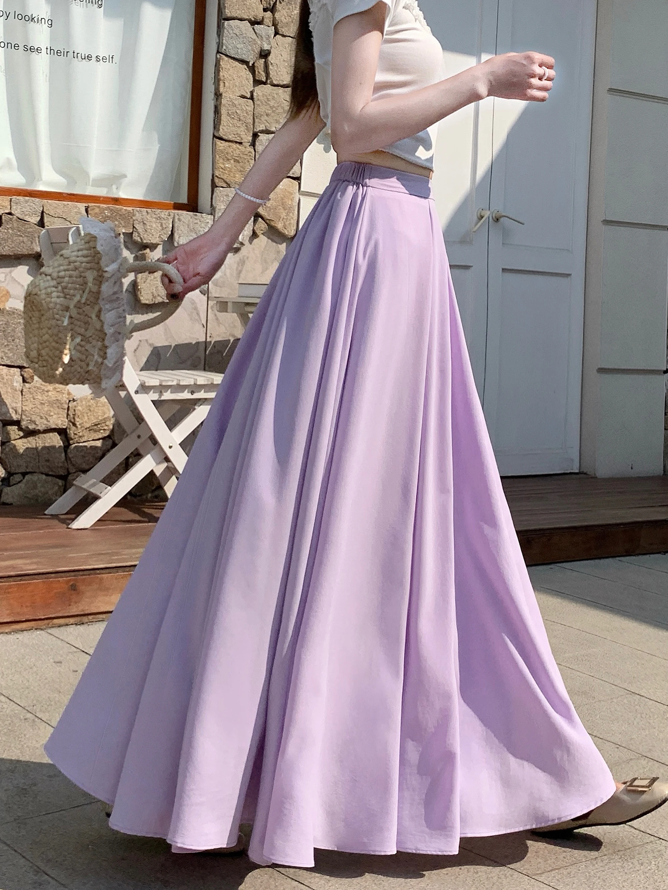 

Purple Chiffon Pleated A-Line Midi Skirt Women's Summer 2026 New Elastic Waist Drapey Gown Length Umbrella Skirt