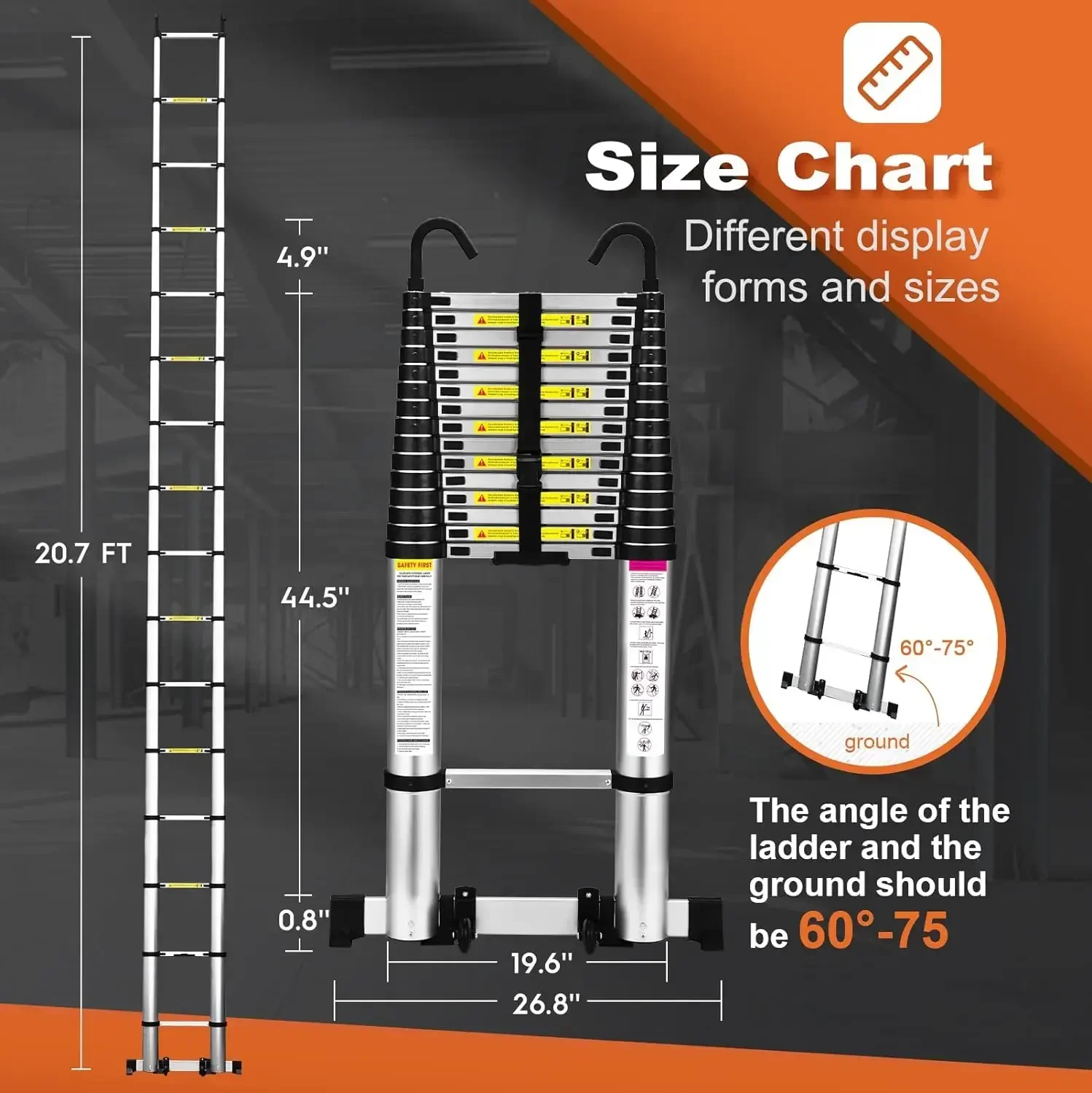 Escalera telescópica, escalera de extensión liviana de aluminio SocTone de 20,3 pies con ruedas y barra estabilizadora, resistente de 330 libras máx.