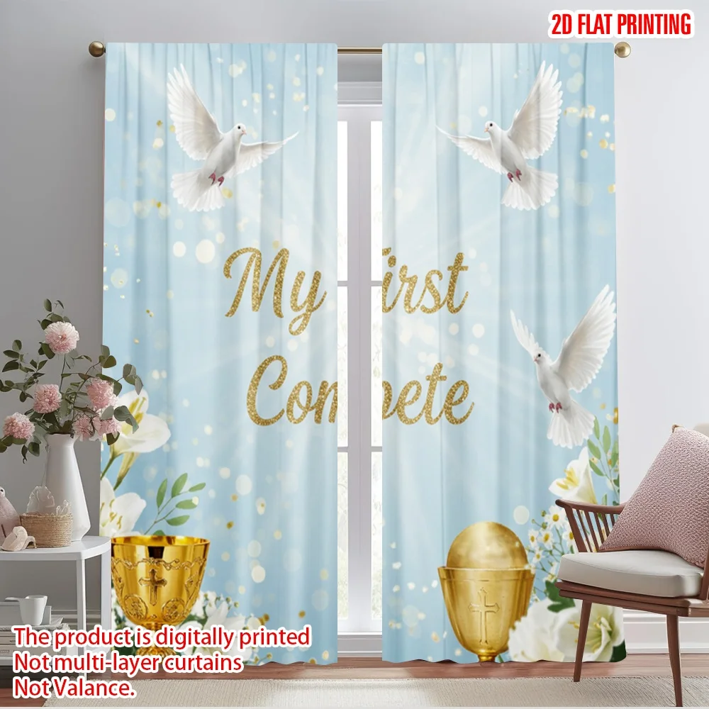 

2pcs 2D flat printing Drapes My First Communion Doves Polyester Without Electricity Festive Wall Decor Use for Photo Booth Props