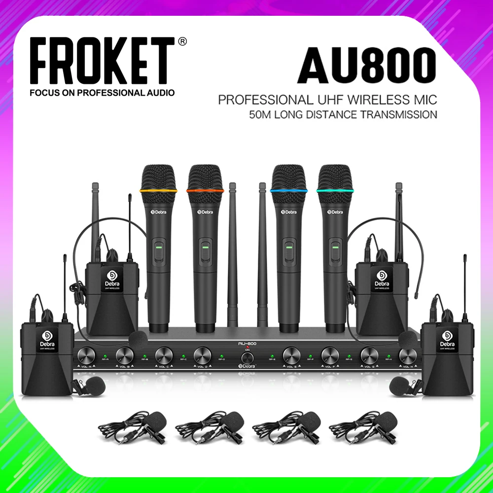 Audio 8 Channels UHF Wireless Microphone System Handheld or Lavalier Unlimited Microphone Suitable For Stage Conference