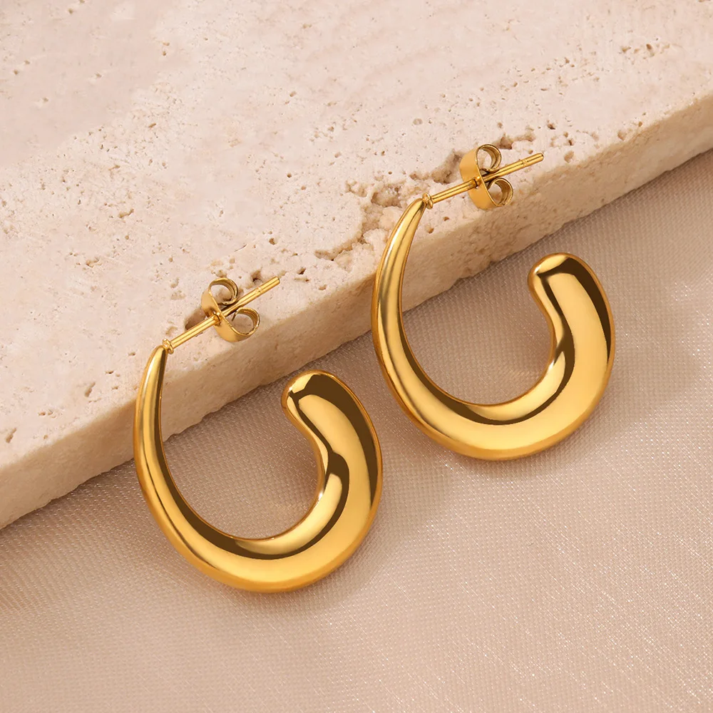 Gold Color Round Stud Earrings for Women Classic Stainless Steel Earrings 2024 Trend Femme Aesthetic Arc Piercing Ear Jewelry