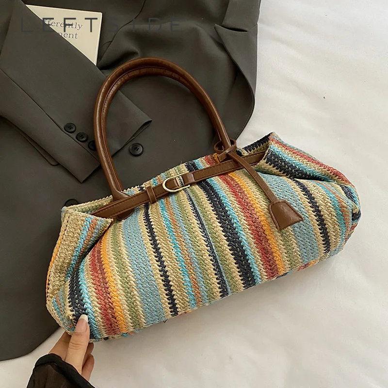 

LEFTSIDE Weave Straw Shoulder Bags for Women 2025 Summer New Trend Square Bag Females Beach Hand Bags Handbags Tote Bag
