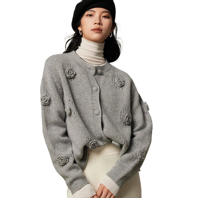 

100% Merino Wool Cashmere Sweater Women Knitted Sweater O-neck Long Sleeve Cardigan Autumn Winter Clothing Warm Tops