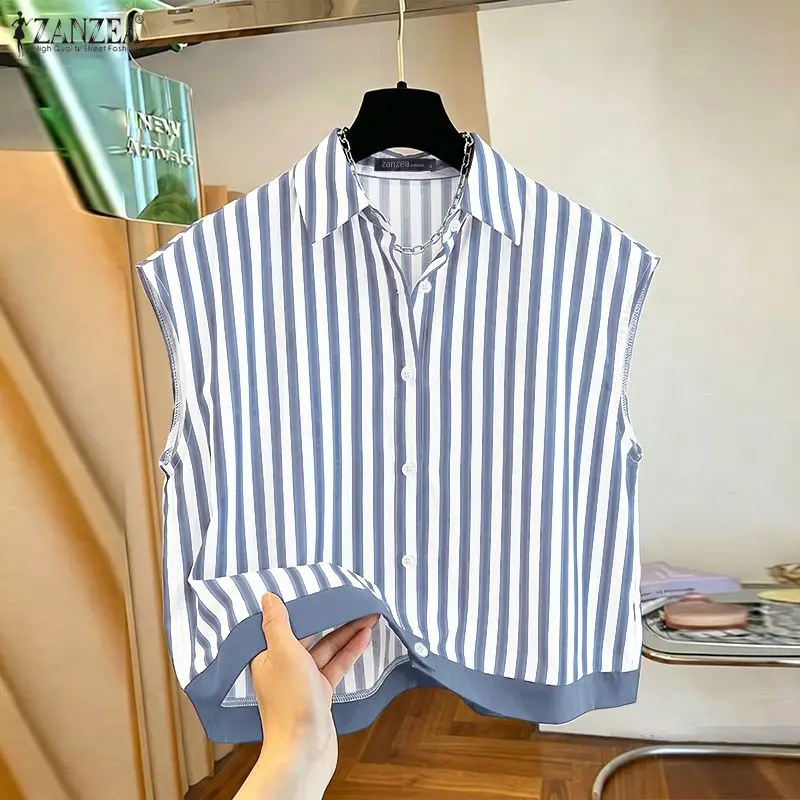 2026 Summer Woman Striped Shirts Turn-Down Collar Short Cap Sleeves Button Up Casmisas ZANZEA Casual Fashion Loose Chemise Femme