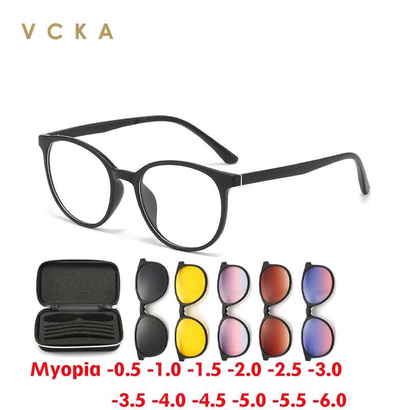 

VCKA 6 In 1 Round Myopia Sunglasses Frames Magnetic Clip Women Glasses Trend Polarized Customizable Eyewear -0.5 to -6.0