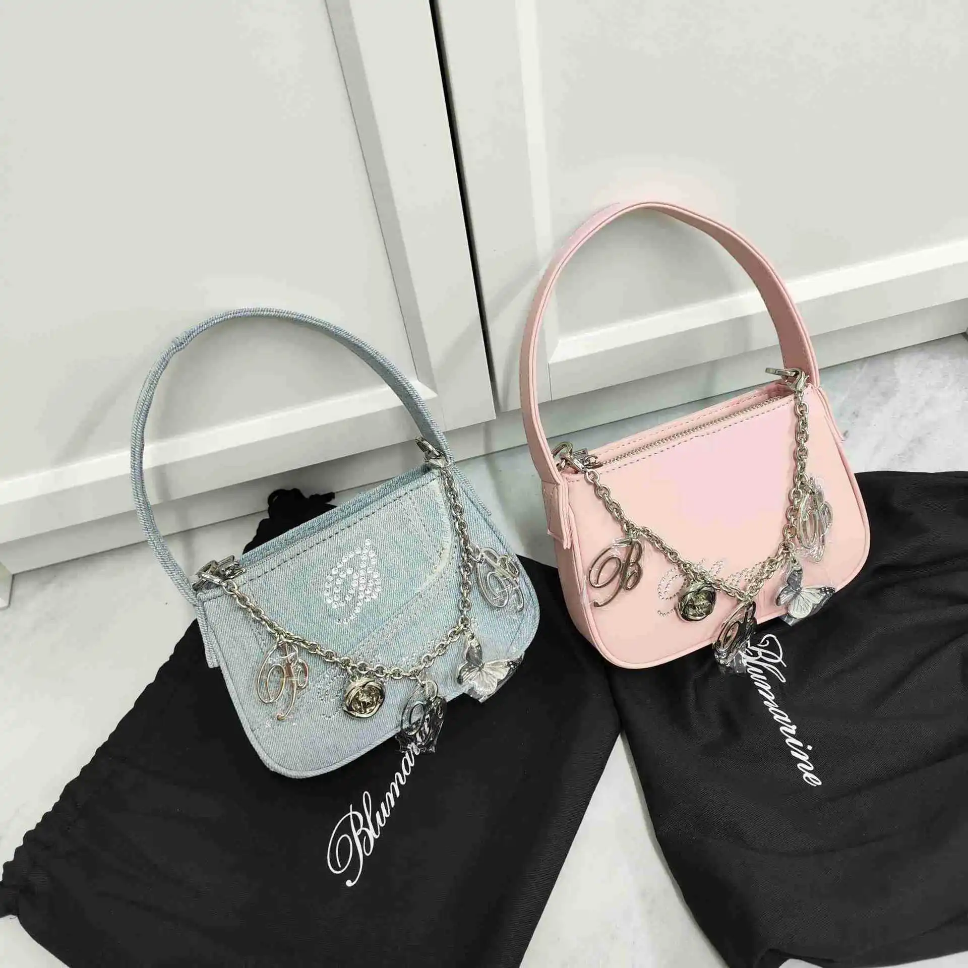 FIRMRANCH Sexy Spicy Girl Portable Shoulder Bag Romantic Flower Butterfly Chain Diamond Female Trend Denim Pink Leather Purse