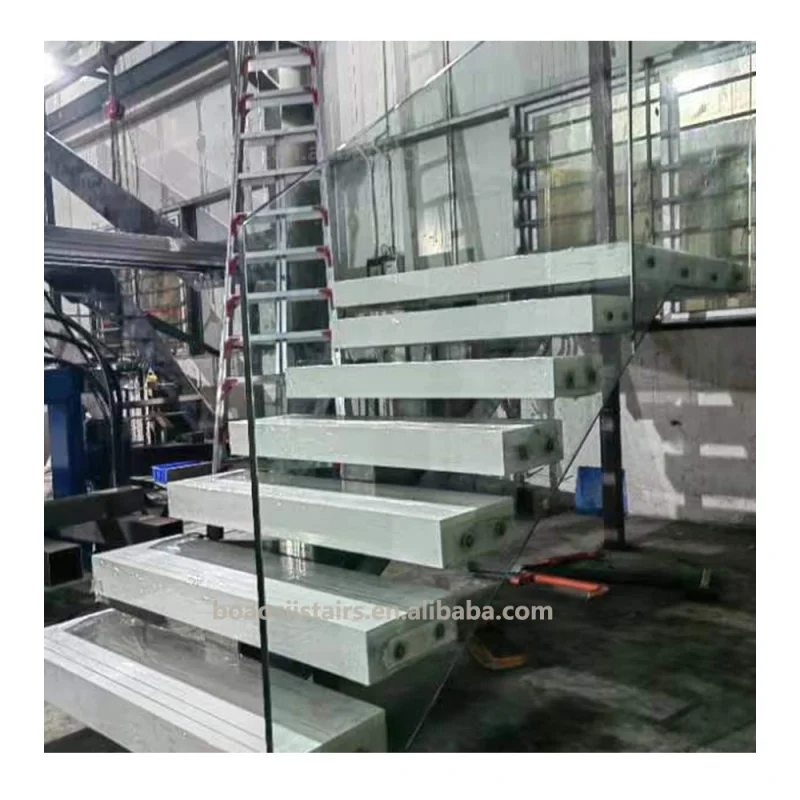 custom.Modern I-Shaped Quartz Stone Step Steel Structure Straight Stairs Indoor Use Apartment and Hall Design