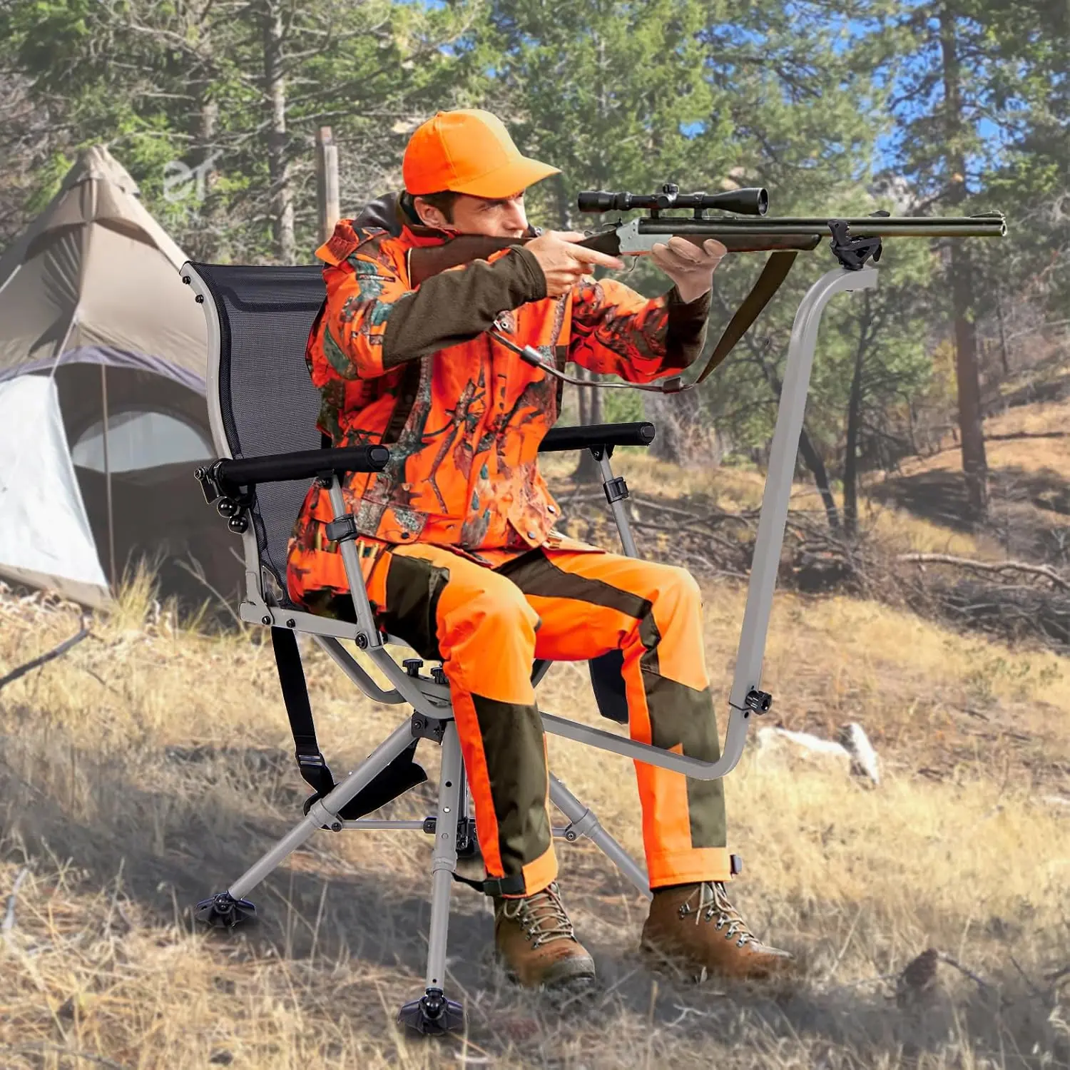 Tangkula Hunting Chair with Shooting Rest, 360° Swivel Hunting Seat with 4 Extendable Aluminum Legs, Adjustable Gun Rest, Portab