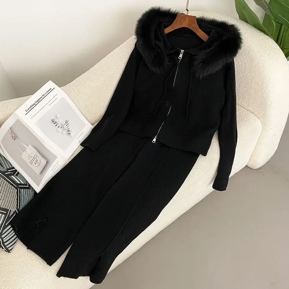 Knitwear 2024 Autumn and Winter Fashionable Sweater Suit Women Trousers Hooded Jacket with Detachable Fox Fur Collar Fur Coat