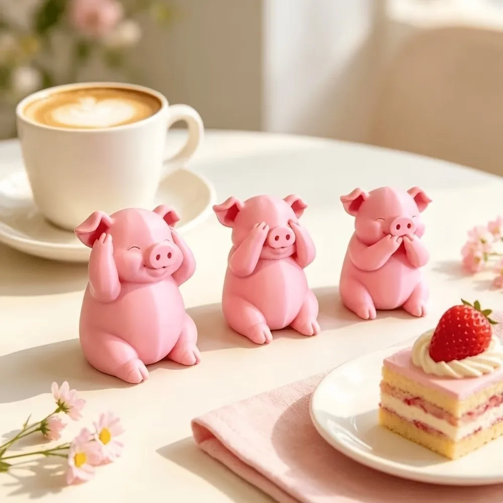 3PCS Pig Model Cartoon Pink Pig Figurine Miniature 3D Printing Pig Ornament Plastic Piggy Figurine Office