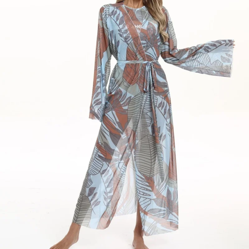 Abito da spiaggia con stampa bohémien Abito da donna vintage casual a maniche lunghe con lacci Top in rete Elegante moda Beachwear Bikini Cover Up 2025