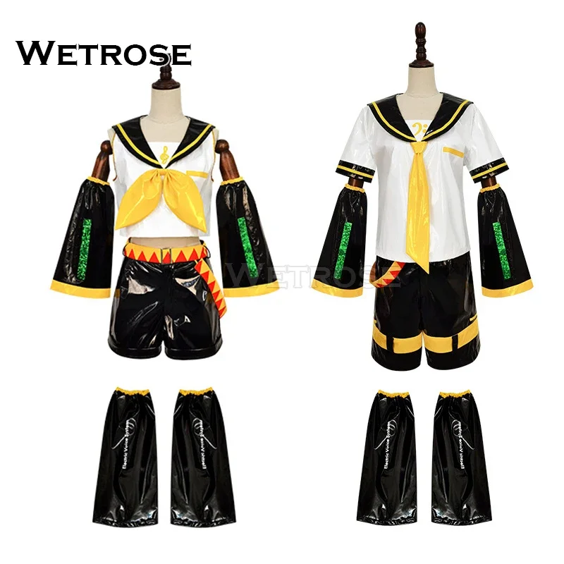 【WetroseONIn Stock Rin Len Cosplay Costume Kagamine Twins Leather Latex Shorts Classic USA Suit Full Set Wig Halloween Xmas