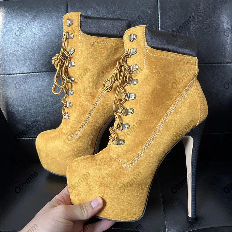 Olomm Handmade Women Platform Ankle Boots Sexy Stiletto High Heels Round Toe Pretty Yellow Violet Shoes Ladies Plus US Size 5-20