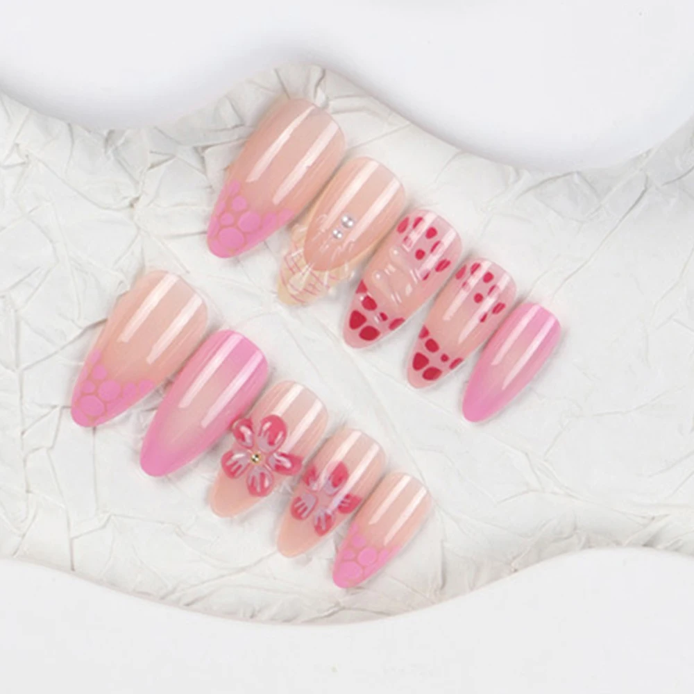 

Clear Pink Flower False Nails Sweet Cute Girls Wearable Nail Press on Nails Finished Product Detachable Nail Art Accessories