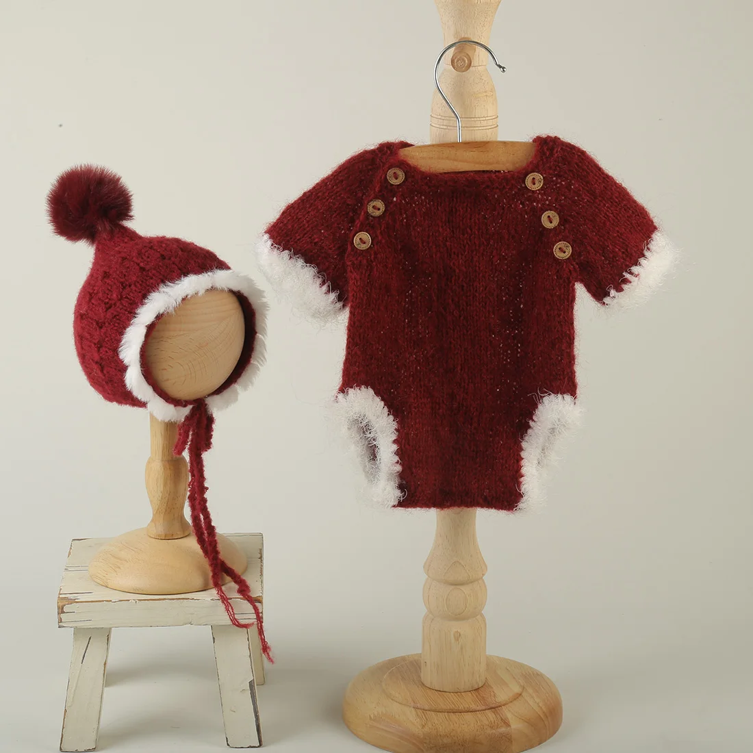 Baby Christmas Outfit Knitted Newborn Photography Props Santa Hat Crochet Infant Romper Photo Shoot Costume Set
