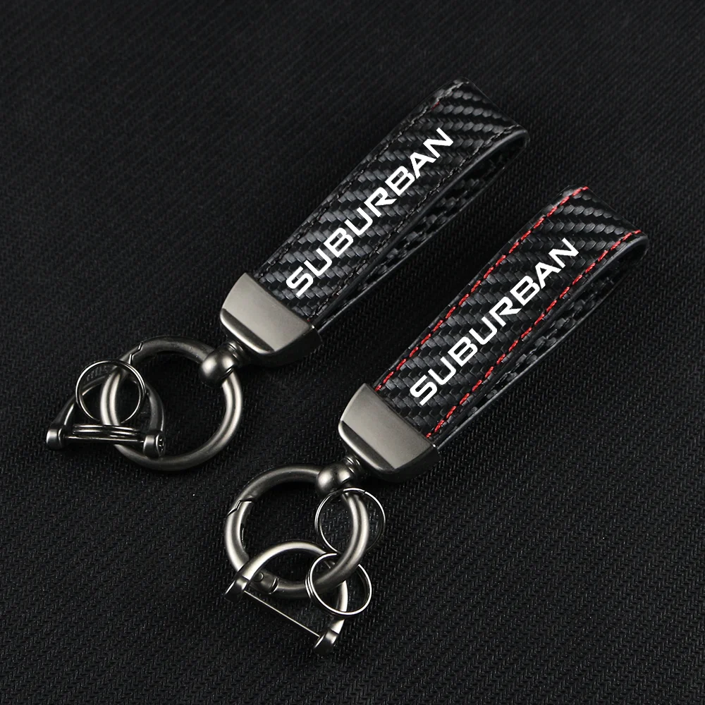 Carbon Fiber Leather Rope Car Keychain Key Chain Pendant Keyring Horseshoe Buckle for SUBURBAN TAHOE TRACKER Auto Accessories