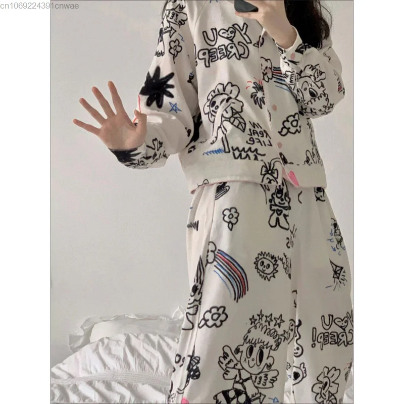 Y2k Cute Long Sleeve Pajamas Women New Two Peice Set Kawaii Cartoon Graffiti Graphic Home Wear Pjs Nightwears Ladies Sleepwear