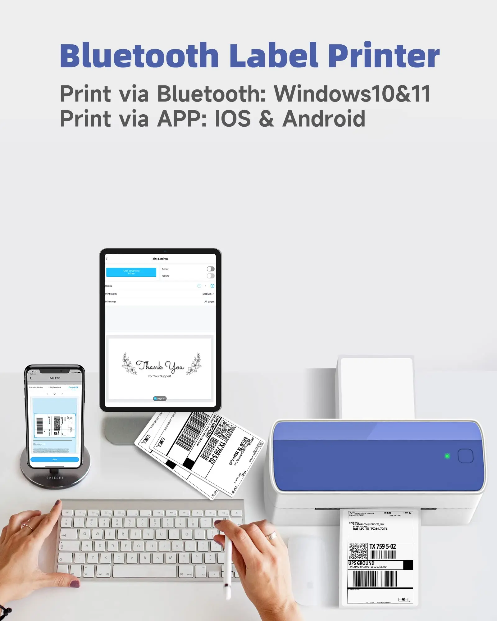 Thermal Label Printer for Small Business Wireless Shipping Label Printer 150mm/s 203DPI Support w/ iOS Android Windows