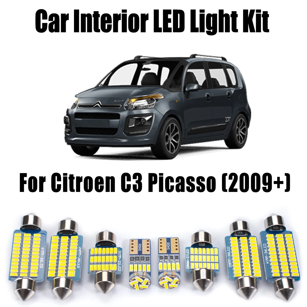 

9Pcs Canbus Error Free LED Interior Map Dome Trunk Gove Box Footwell Light Kit For Citroen C3 Picasso (2009+) Car Accessories