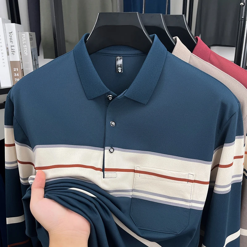 

Light luxury men's long sleeve polo shirt high-quality pocket fashion stripes color blocking business leisure autumn new T-shirt