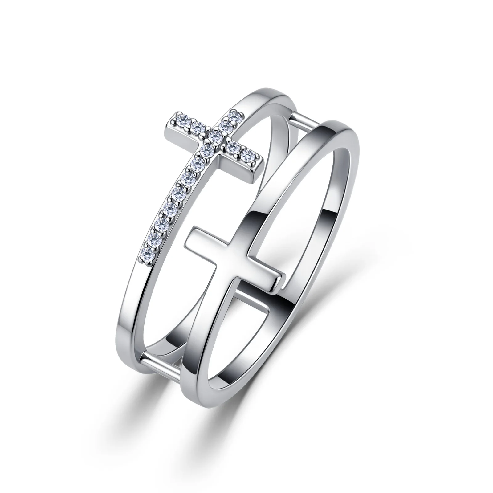 S925 Silver Double Cross Fixed Ring 0.08CTW Moissanite 14K Plated Women Religious Jewelry Gold & Silver Tone