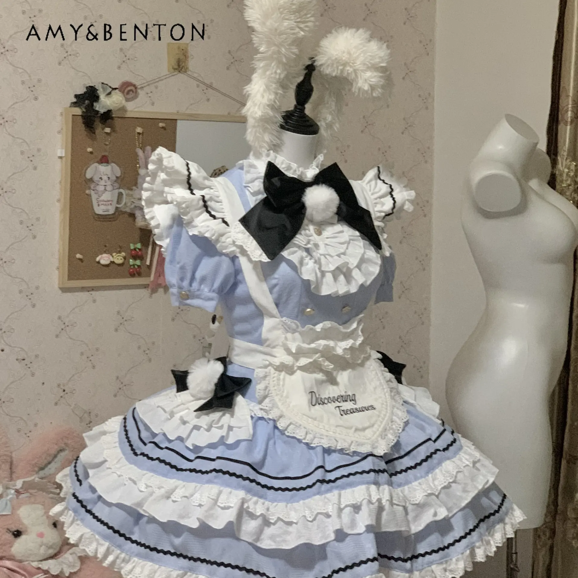 

Lolita Style Cosplay Set Original Japanese Kawaii Maid Outfit Sweet Girl Bow Short Sleeve Slim Puff Dress Apron Two-Piece Sets