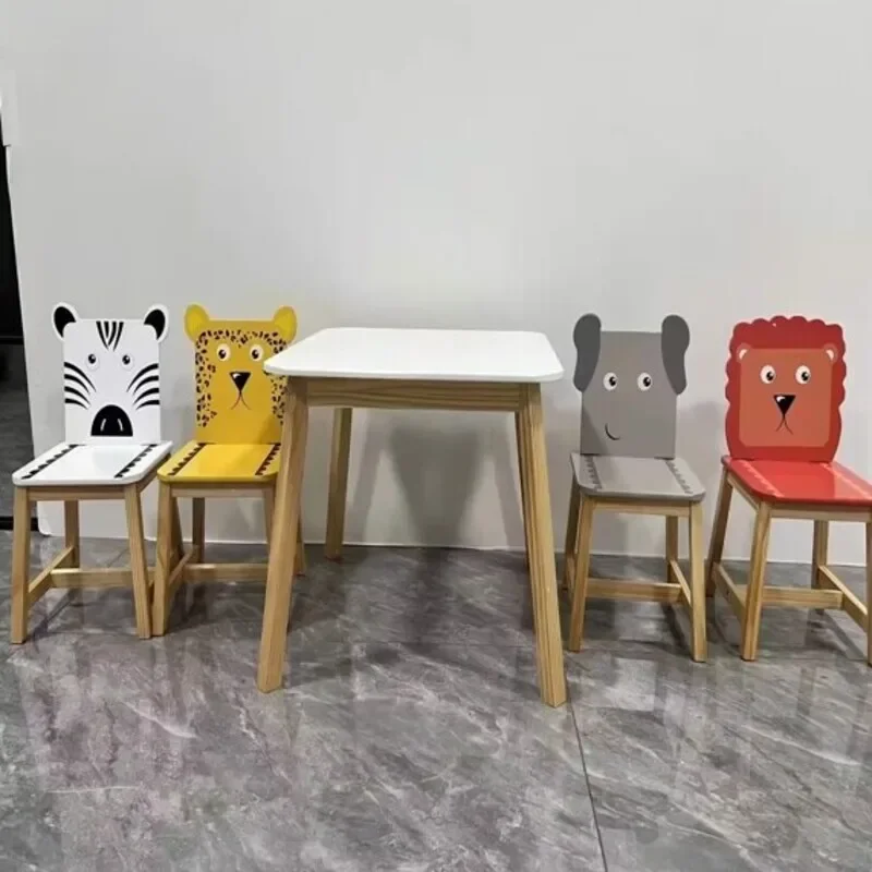 

5-Piece Kids Table & Chair Set Wooden Table w/ 4 Chairs Cartoon Animal Design Ideal for Ages 3-8 Larger Table Size MD F+Pine
