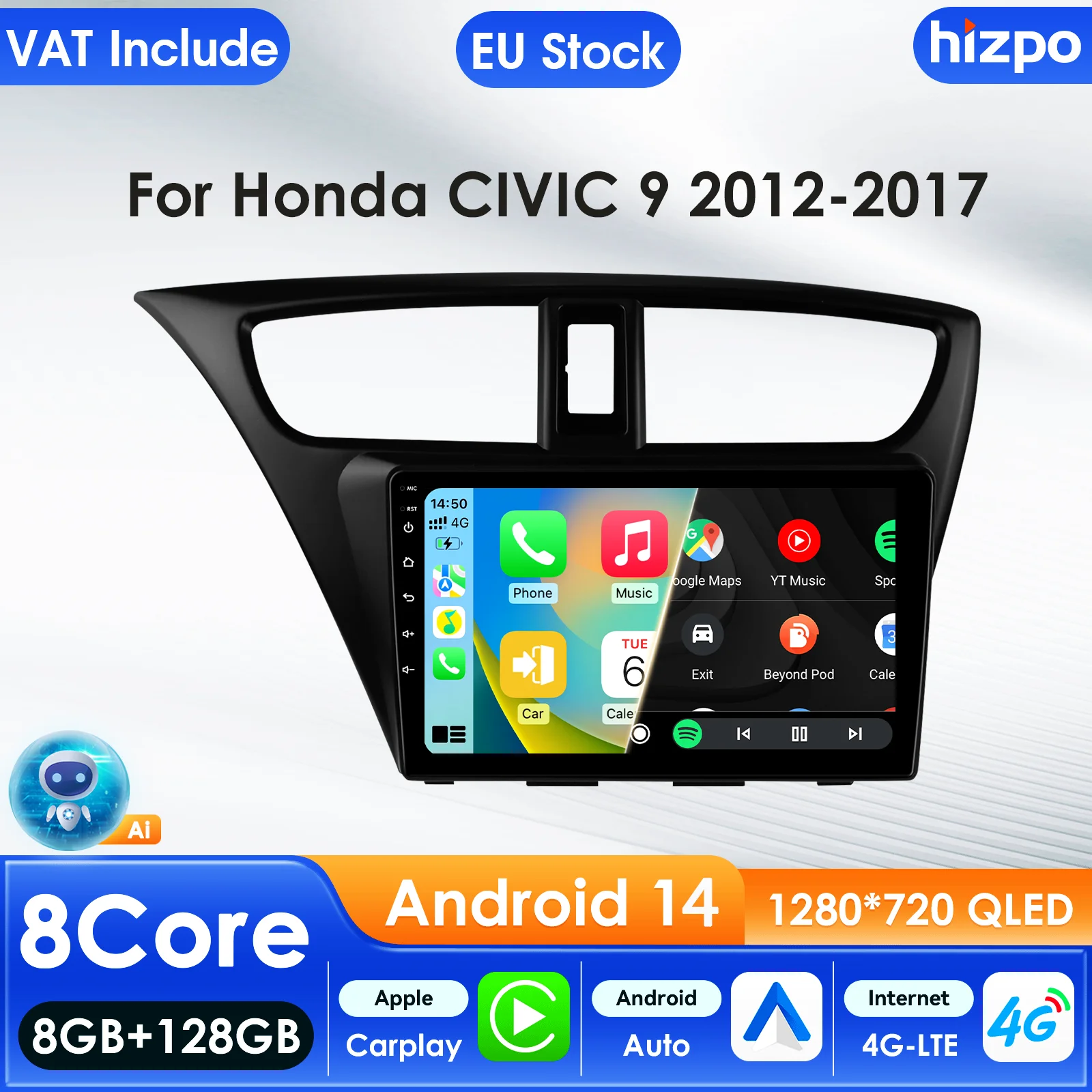 Hizpo 2-DIN Autoradio Android 14 Carplay 4G AI-Systeme Autoradio für Honda Civic 9 FK FB 2012 - 2017 Multimedia-Videoplayer GPS 9 Zoll Intelligenter Bildschirm QLED-Display Automotive Head Unit