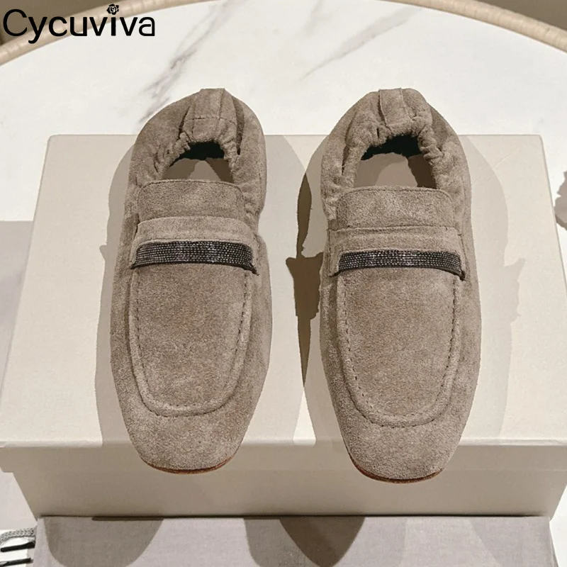 Mocasines planos plisados de ante para mujer, zapatos de cuero de estilo británico con cuentas, informales, para vacaciones, caminar y playa, novedad de 2024