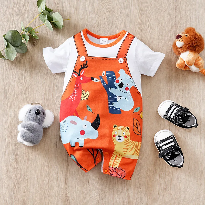 0-36M Summer Baby Boys and Girls Round Neck Short sleeved jumpsuit Full Print Dinosaur Comfortable and Breathable