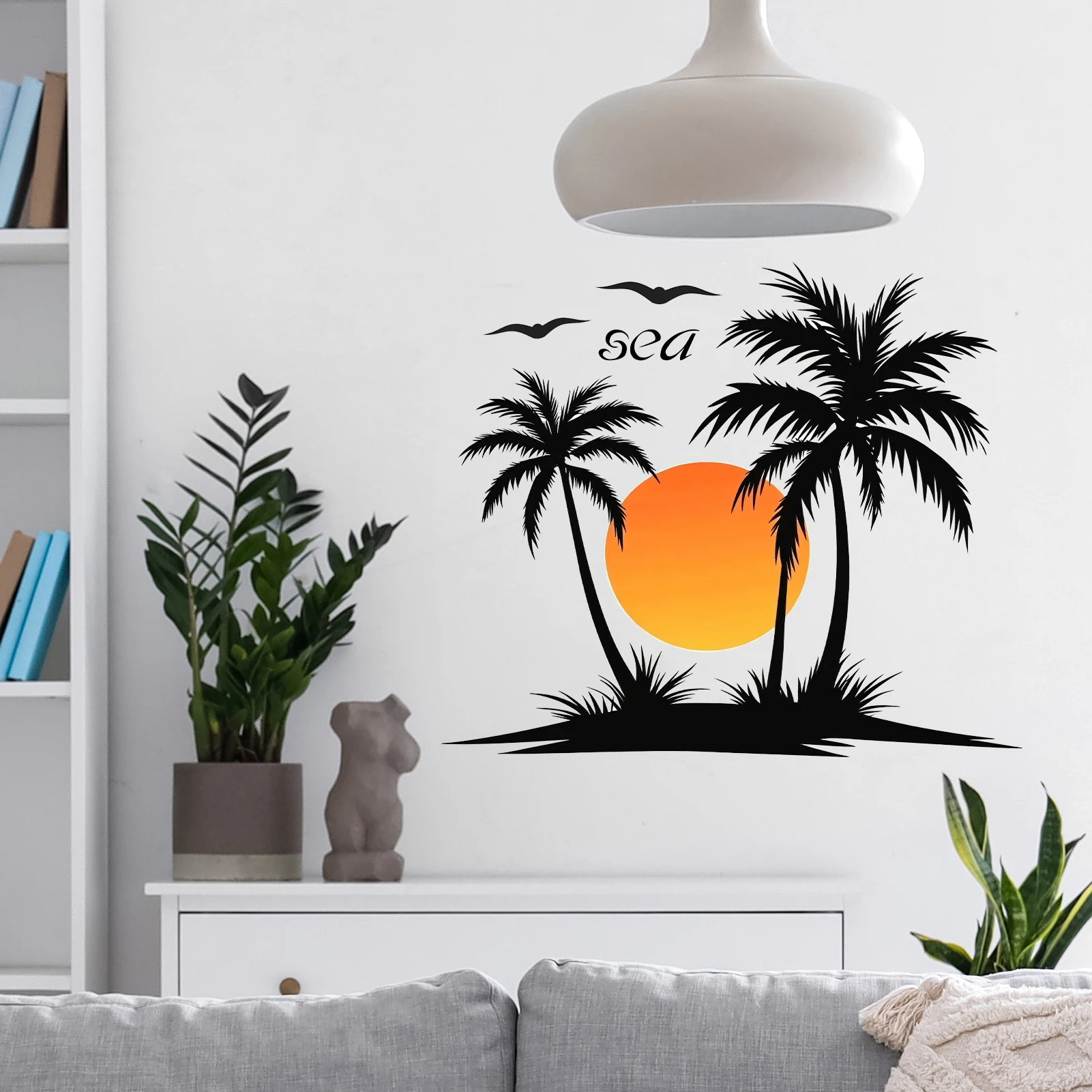 Minimalistische tropische Strand-Wandaufkleber, Silhouettenaufkleber mit Palmen und Sonnenuntergang, abnehmbare Sommer-Wohnzimmerdekoration
