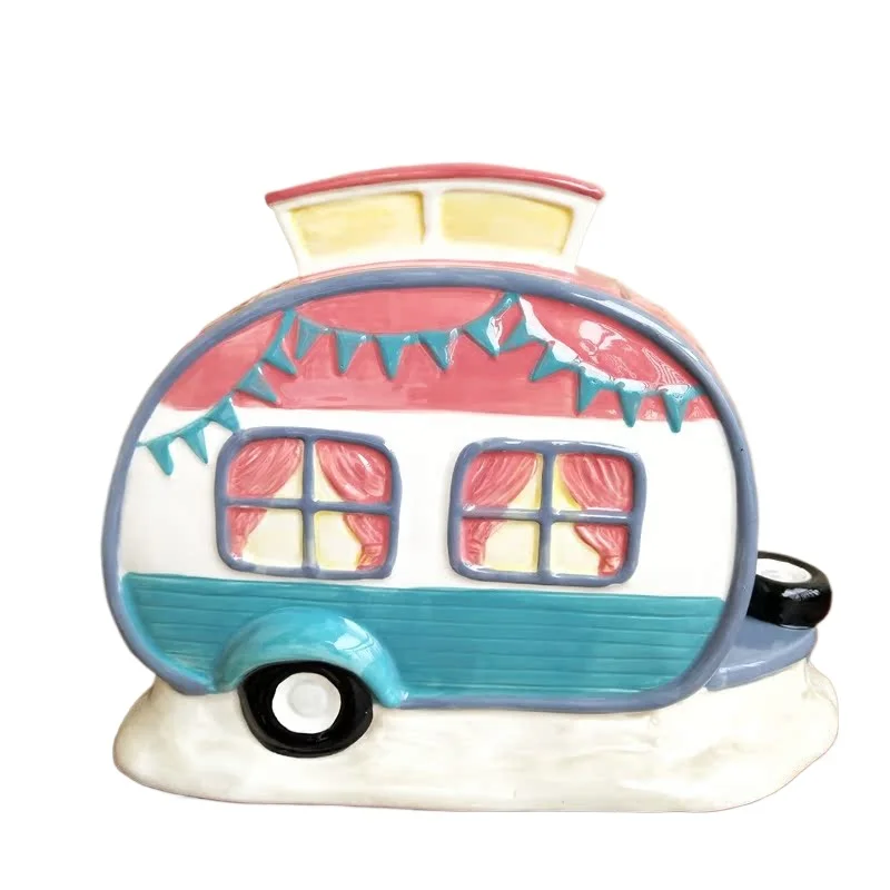 

Hand painted ceramic flamingo blue house small ornament car storage tank underglaze decoration