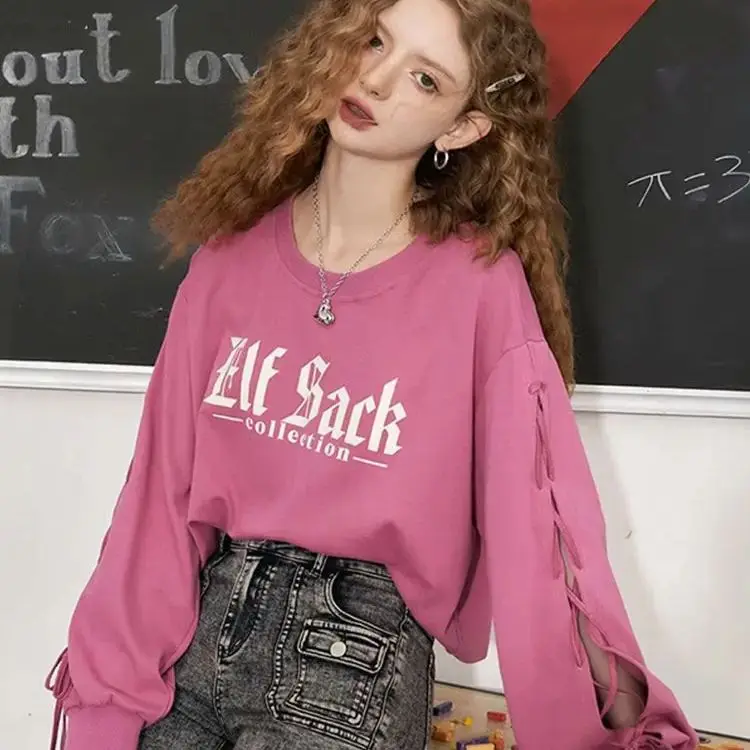 American Round Neck Long-Sleeved Sweatshirt Women 2024 Spring Autumn New Lace-Up Design Loose Niche Korean Style Round Neck Top