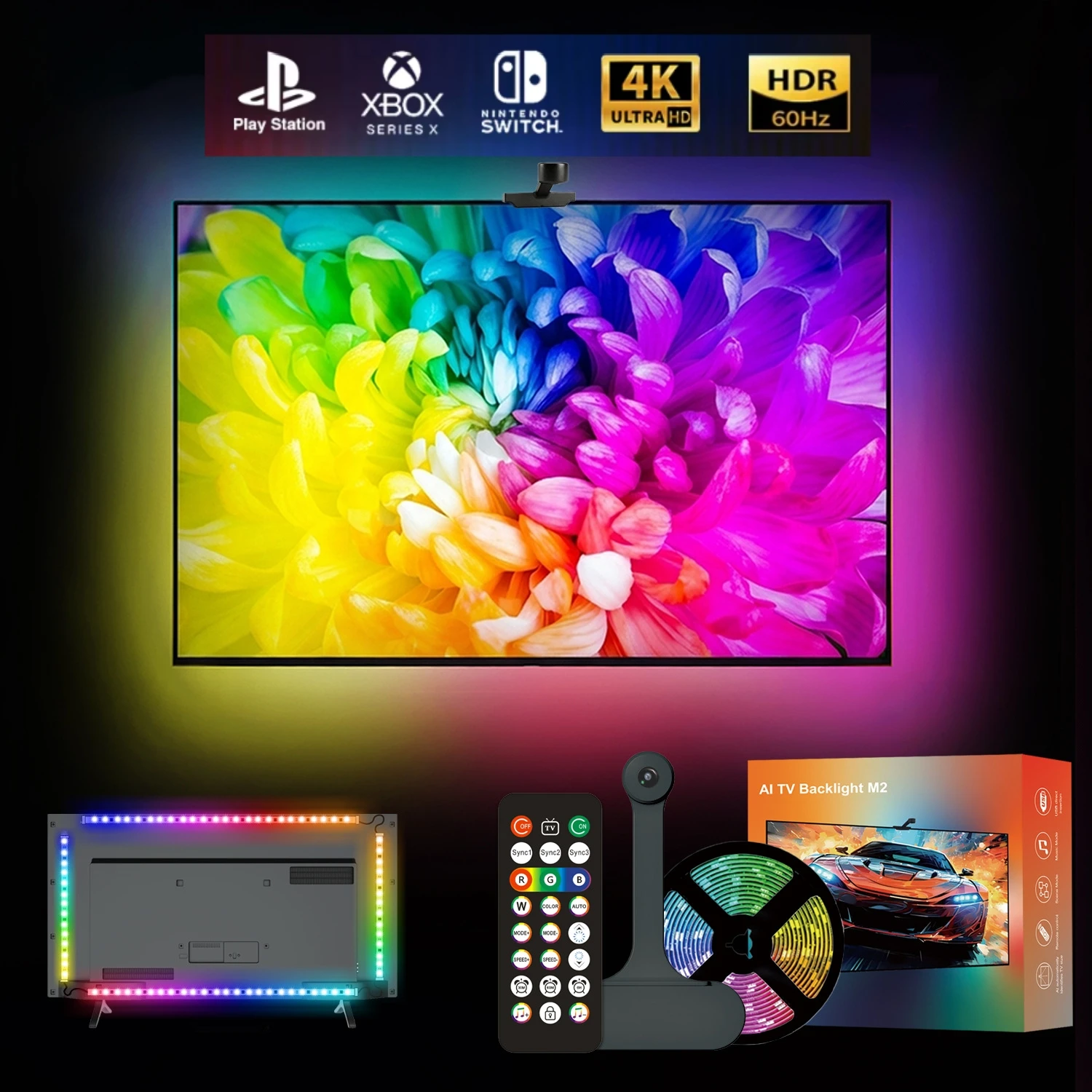 

Светодиодная RGB-подсветка XENTH для телевизоров 40-85 дюймов с синхронизацией музыки, пультом дистанционного управления, питанием от USB для спальни и игровой комнаты