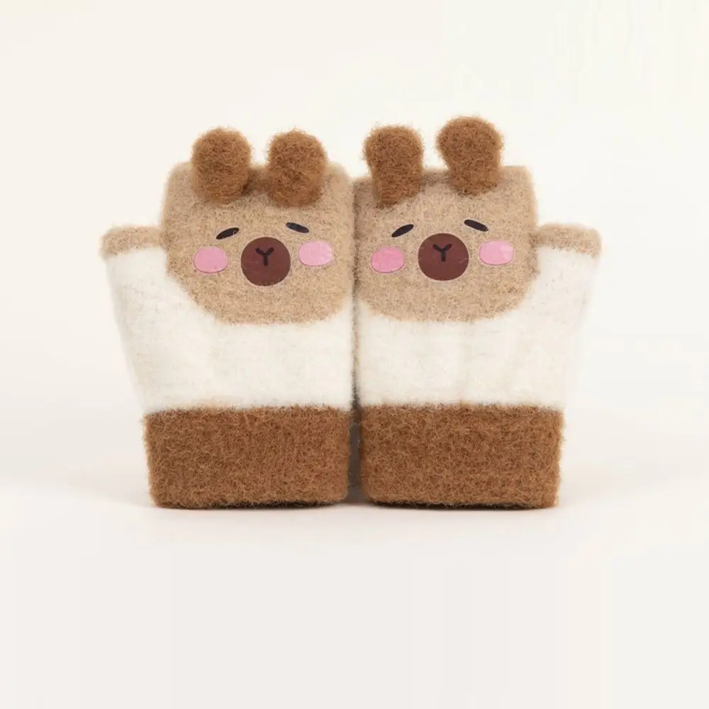 

Cute Capybara Winter Flip Gloves Baby Thickened Cold-Proof Half Finger Gloves Elastic Warm Knitted Mitten Boys Girls