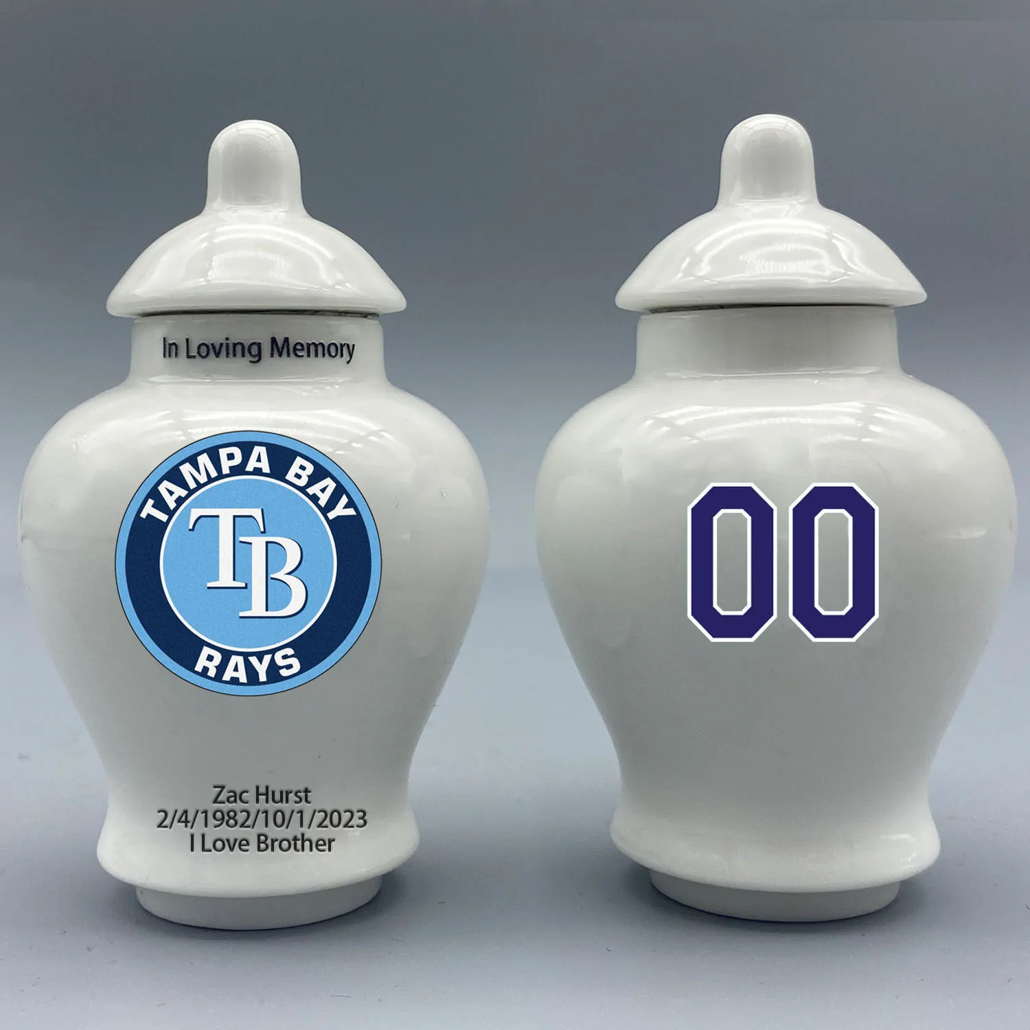 

Mini Urn for Tampa Bay Rays-Baseball themed.Please send me the customization information - name/date and number on the urn