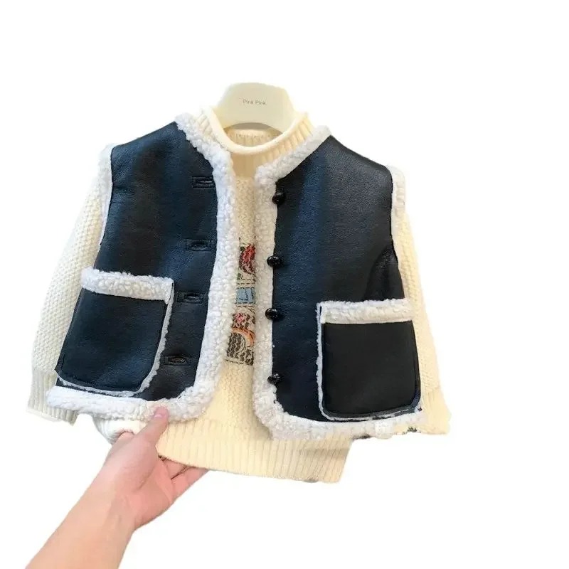 Boys and Girls Vest Deer Skin Velvet Composite Lamb Fleece Winter Warm Shoulder Top 2024 New Children\'s Clothes